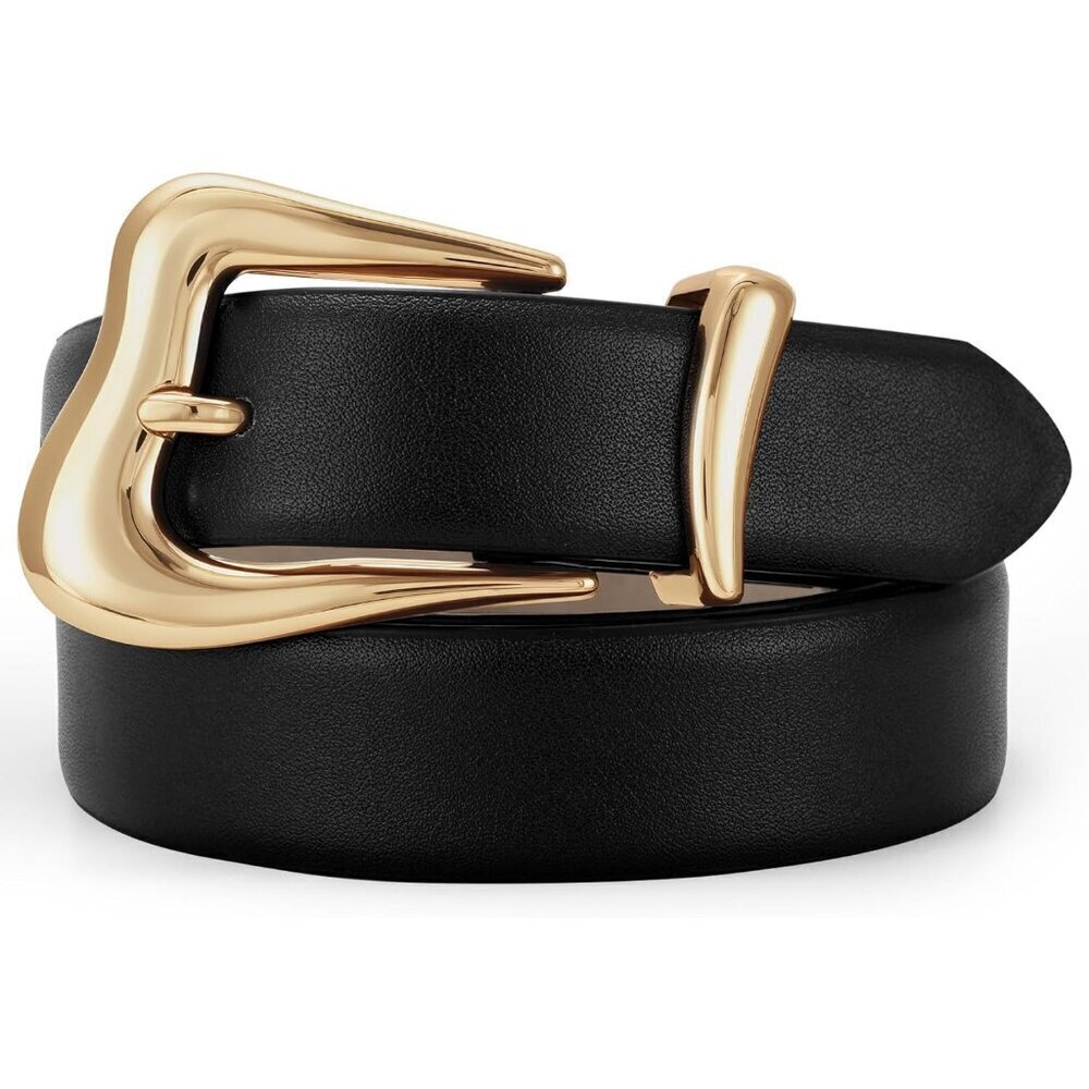 Women Leather Belt with Gold Buckle Casual Dress Waist Accessory